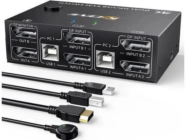 Main image of 2 Port DP 1.4 Dual Monitor KVM Switch 2 In 2 Out, 8K@30Hz 4K@144Hz USB3.0 KVM Switcher with 4-Port USB Hub, DP1.2 Backward Compatible, Comes with DP & USB Cables + Wired Remote Controller for 2 PCs Sh