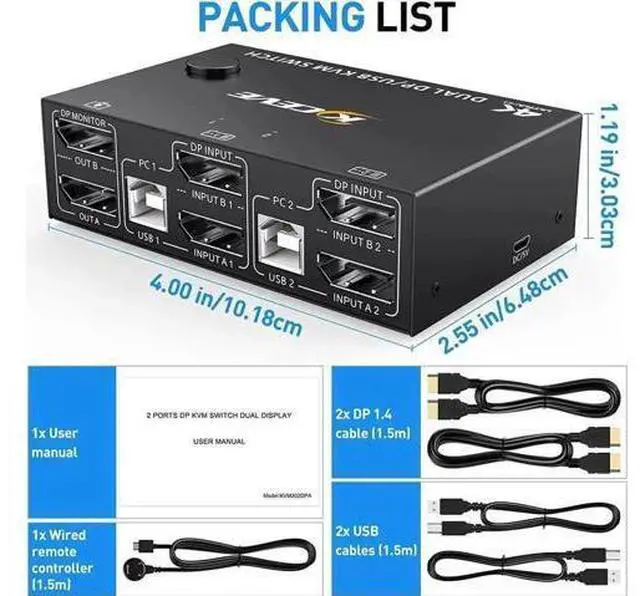 Alt view image 4 of 7 - 2 Port DP 1.4 Dual Monitor KVM Switch 2 In 2 Out, 8K@30Hz 4K@144Hz USB3.0 KVM Switcher with 4-Port USB Hub, DP1.2 Backward Compatible, Comes with DP & USB Cables + Wired Remote Controller for 2 PCs Sh