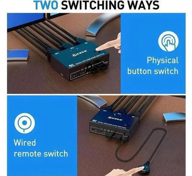 Alt view image 6 of 7 - 2 Port DP 1.4 Dual Monitor KVM Switch 2 In 2 Out, 8K@30Hz 4K@144Hz USB3.0 KVM Switcher with 4-Port USB Hub, DP1.2 Backward Compatible, Comes with DP & USB Cables + Wired Remote Controller for 2 PCs Sh