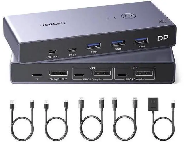 Main image of UGREEN DP1.4 8K KVM Switch 2 In 1 Out, 4 USB3.0 Ports (3A+1C), 8K@60Hz 4K@240Hz, Includes 2 DP & 2 USB A to C Cables