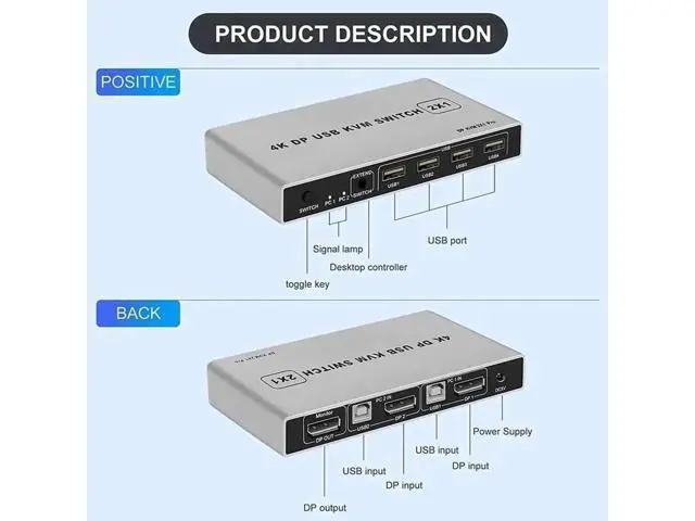 Alt view image 6 of 6 - 2 Port DP 1.4 KVM Switch 2 In 1 Out, 8K@60Hz & 4K@60Hz Supported, USB Sharing for Keyboard Mouse Printer, USB Power Cable Included