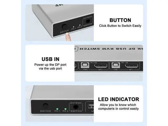 Alt view image 2 of 6 - 2 Port 2 In 1 Out DP 1.4 KVM Switch 8K@60Hz / 4K@60Hz, Built-in USB Hub for Keyboard Mouse Printer, USB Power Cable Included