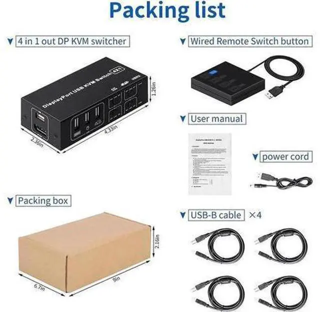 Alt view image 4 of 7 - 4 Port DisplayPort KVM Switch 4K@60Hz, 4 In 1 Out DP USB KVM Switcher for 4 Computers Share Monitor Keyboard Mouse USB 2.0 Devices, 4 USB Cables Included