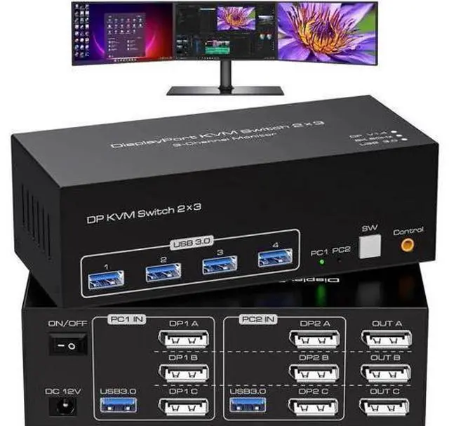 Main image of 2-Port Triple DP KVM Switch DP1.4, 8K@60Hz 4K@120Hz, 4 USB3.0 Ports, 12V DC Adapter & 2 USB Cables Included