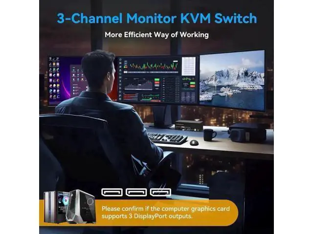 Alt view image 5 of 7 - 2-Port Triple DP KVM Switch DP1.4, 8K@60Hz 4K@120Hz, 4 USB3.0 Ports, 12V DC Adapter & 2 USB Cables Included
