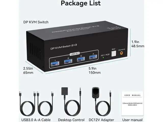 Alt view image 6 of 7 - 2-Port Triple DP KVM Switch DP1.4, 8K@60Hz 4K@120Hz, 4 USB3.0 Ports, 12V DC Adapter & 2 USB Cables Included