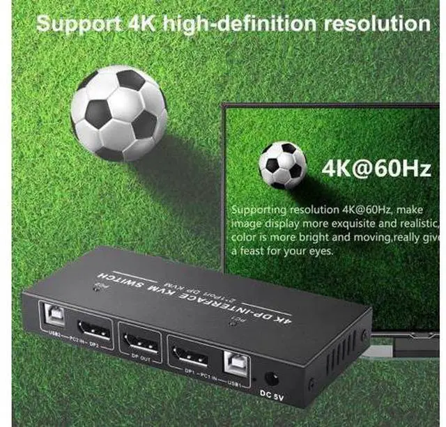Alt view image 3 of 6 - 2 Port 2 In 1 Out DP 1.2 KVM Switch 4K@60Hz, USB Sharing for Keyboard & Mouse, Single DP Monitor Control for 2 PCs