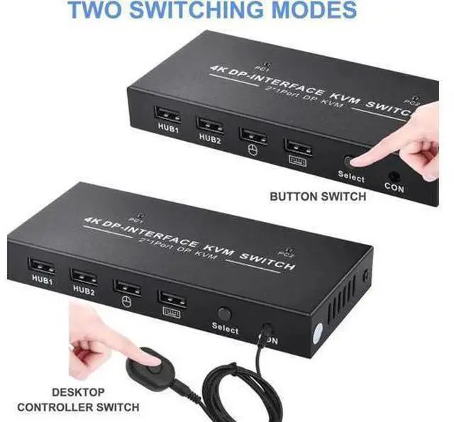 Alt view image 2 of 6 - 2 Port 2 In 1 Out DP 1.2 KVM Switch 4K@60Hz, USB Sharing for Keyboard & Mouse, Single DP Monitor Control for 2 PCs