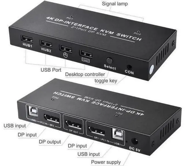 Alt view image 4 of 6 - 2 Port 2 In 1 Out DP 1.2 KVM Switch 4K@60Hz, USB Sharing for Keyboard & Mouse, Single DP Monitor Control for 2 PCs