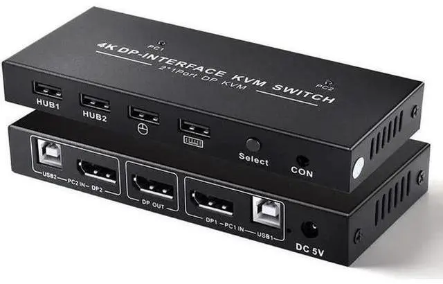 Main image of 2 Port 2 In 1 Out DP 1.2 KVM Switch 4K@60Hz, USB Sharing for Keyboard & Mouse, Single DisplayPort Monitor Control for 2 PCs