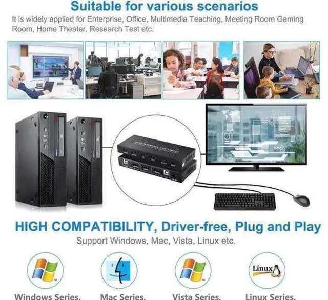 Alt view image 6 of 6 - 2 Port 2 In 1 Out DP 1.2 KVM Switch 4K@60Hz, USB Sharing for Keyboard & Mouse, Single DP Monitor Control for 2 PCs