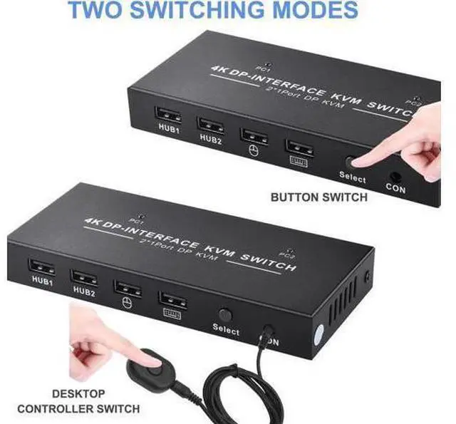 Alt view image 4 of 6 - 2 Port 2 In 1 Out DP 1.2 KVM Switch 4K@60Hz, USB Sharing for Keyboard & Mouse, Single DisplayPort Monitor Control for 2 PCs