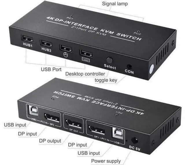 Alt view image 6 of 6 - 2 Port 2 In 1 Out DP 1.2 KVM Switch 4K@60Hz, USB Sharing for Keyboard & Mouse, Single DisplayPort Monitor Control for 2 PCs