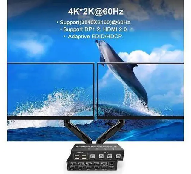 Alt view image 2 of 7 - 4 Port Dual Monitor HDMI+DP Hybrid KVM Switch, 4K@60Hz UHD, Built-in 4-Port USB 2.0 Hub for 4 PCs Share 2 Displays & Keyboard Mouse Peripherals