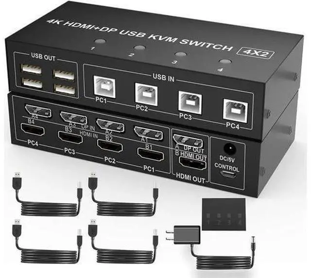 Main image of 4 Port Dual Monitor HDMI+DP Hybrid KVM Switch, 4K@60Hz UHD, Built-in 4-Port USB 2.0 Hub for 4 PCs Share 2 Displays & Keyboard Mouse Peripherals