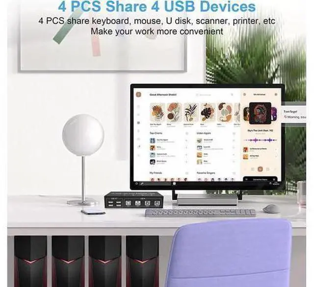 Alt view image 4 of 7 - 4 Port Dual Monitor HDMI+DP Hybrid KVM Switch, 4K@60Hz UHD, Built-in 4-Port USB 2.0 Hub for 4 PCs Share 2 Displays & Keyboard Mouse Peripherals