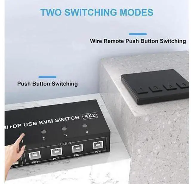 Alt view image 5 of 7 - 4 Port Dual Monitor HDMI+DP Hybrid KVM Switch, 4K@60Hz UHD, Built-in 4-Port USB 2.0 Hub for 4 PCs Share 2 Displays & Keyboard Mouse Peripherals