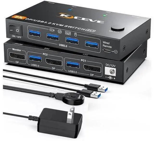 Main image of 2 Port DP 2.1 KVM Switch 8K@60Hz 4K@144Hz, USB 3.0 DisplayPort KVM Switcher for 2 PCs Share 1 Monitor Keyboard Mouse, Wired Remote & Power Adapter Included
