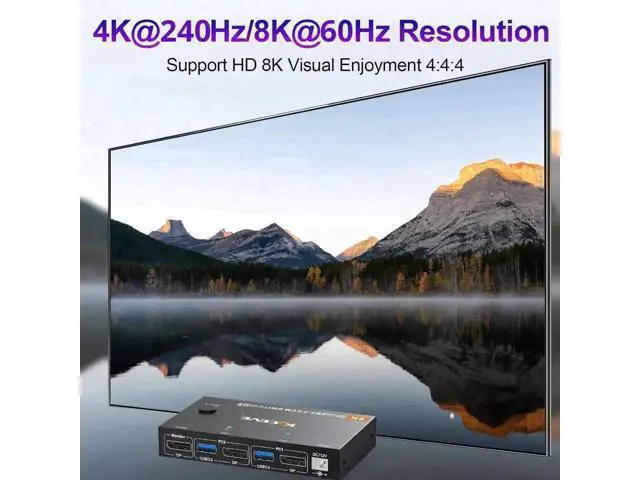 Alt view image 4 of 7 - 2 Port DP 2.1 KVM Switch 8K@60Hz 4K@144Hz, USB 3.0 DisplayPort KVM Switcher for 2 PCs Share 1 Monitor Keyboard Mouse, Wired Remote & Power Adapter Included