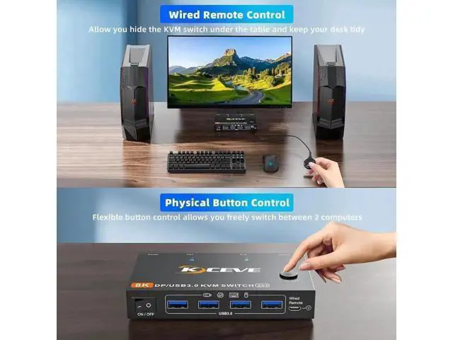 Alt view image 7 of 7 - 2 Port DP 2.1 KVM Switch 8K@60Hz 4K@144Hz, USB 3.0 DisplayPort KVM Switcher for 2 PCs Share 1 Monitor Keyboard Mouse, Wired Remote & Power Adapter Included