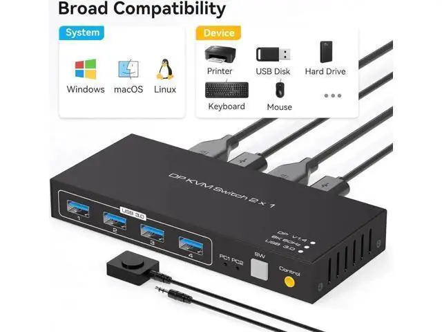 Alt view image 2 of 7 - 2-Port DP 1.4 KVM Switch 2 In 1 Out, 8K@60Hz, 4 USB3.0 Ports, Wired Controller Included