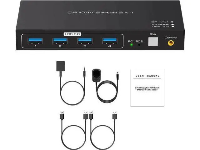 Alt view image 5 of 7 - 2-Port DP 1.4 KVM Switch 2 In 1 Out, 8K@60Hz, 4 USB3.0 Ports, Wired Controller Included