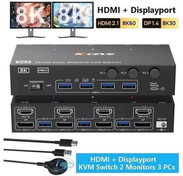 Main image of 3-Port HDMI+DP Dual Monitor KVM Switch, 8K@60Hz 4K@144Hz, 4 USB3.0 Ports, Wired Remote, Power Adapter & USB Cable Included