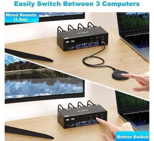 Alt view image 3 of 7 - 3-Port HDMI+DP Dual Monitor KVM Switch, 8K@60Hz 4K@144Hz, 4 USB3.0 Ports, Wired Remote, Power Adapter & USB Cable Included