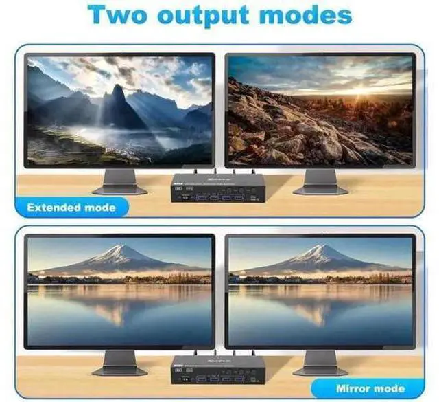 Alt view image 4 of 7 - 3-Port HDMI+DP Dual Monitor KVM Switch, 8K@60Hz 4K@144Hz, 4 USB3.0 Ports, Wired Remote, Power Adapter & USB Cable Included
