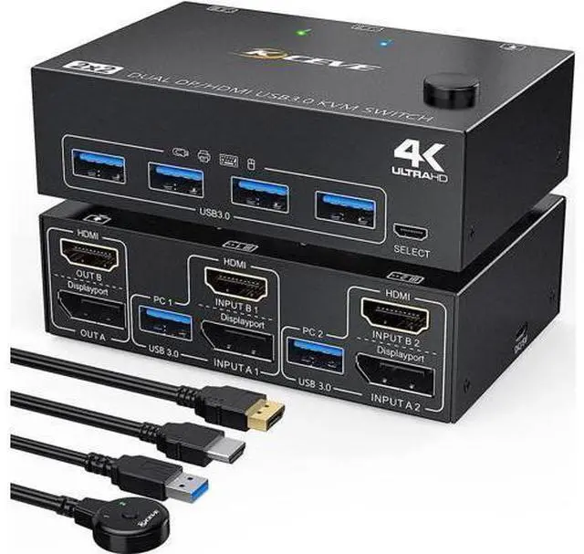 Main image of 2-Port HDMI+DP Dual Monitor KVM Switch, 4K@60Hz 2K@120Hz, 4 USB3.0 Ports, Wired Remote & 4 Cables Included