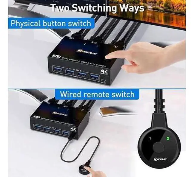 Alt view image 2 of 7 - 2-Port HDMI+DP Dual Monitor KVM Switch, 4K@60Hz 2K@120Hz, 4 USB3.0 Ports, Wired Remote & 4 Cables Included