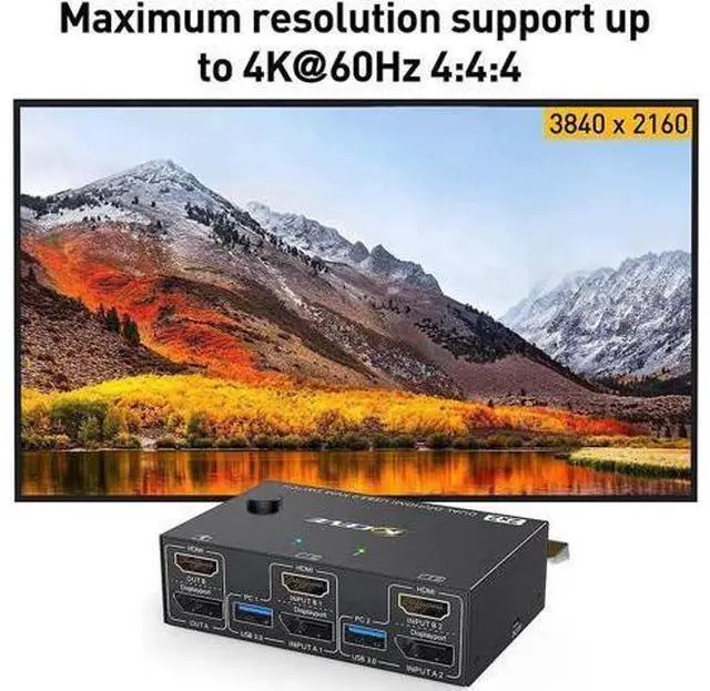 Alt view image 3 of 7 - 2-Port HDMI+DP Dual Monitor KVM Switch, 4K@60Hz 2K@120Hz, 4 USB3.0 Ports, Wired Remote & 4 Cables Included