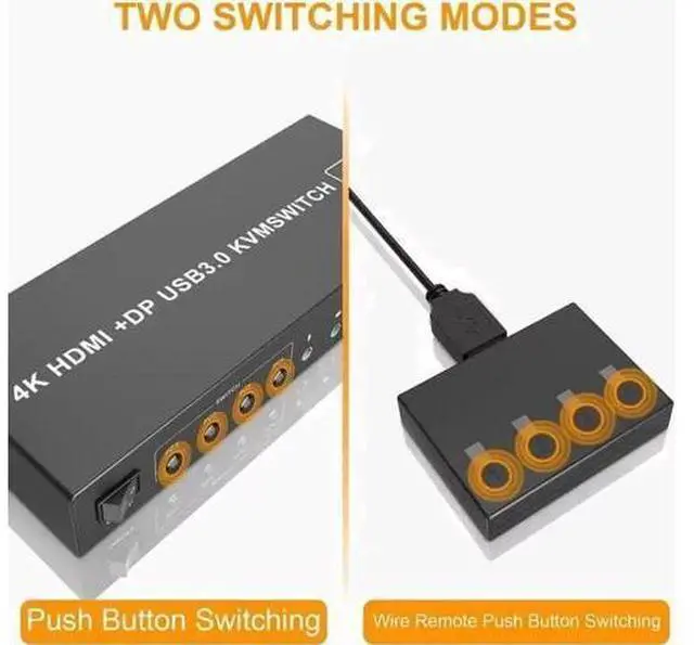 Alt view image 3 of 7 - 4-Port HDMI+DP Dual Monitor KVM Switch 4K@60Hz, USB3.0, Audio & Mic, 3 USB Ports, Wired Remote