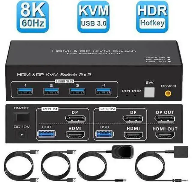 Main image of 2-Port 8K HDMI+DP Dual Monitor KVM Switch, 8K@60Hz, 4 USB3.0 Hub, Desktop Controller & USB/HDMI Cables Included
