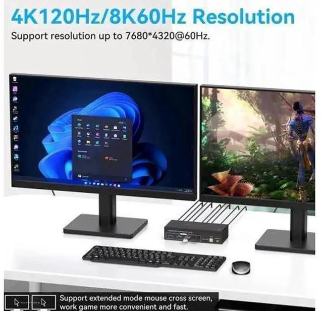Alt view image 3 of 7 - 2-Port 8K HDMI+DP Dual Monitor KVM Switch, 8K@60Hz, 4 USB3.0 Hub, Desktop Controller & USB/HDMI Cables Included