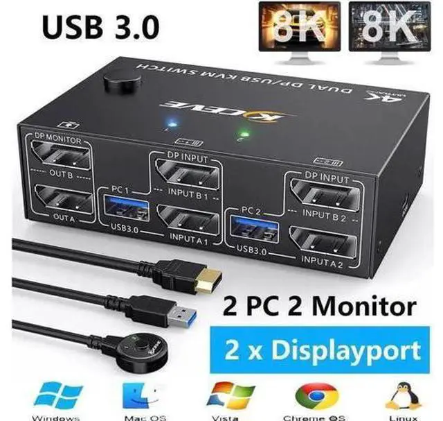 Main image of 2×2 DP 1.4 Dual Monitor USB 3.0 KVM Switch, 8K@30Hz / 4K@144Hz, 4 USB3.0 Ports, Wired Remote & 4 Cables Included for 2 PCs Sharing 2 Monitors
