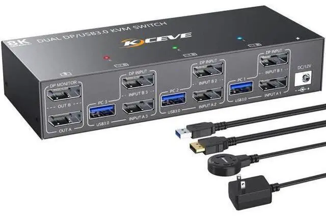 Main image of 3-Port Dual Monitor DP USB 3.0 KVM Switch 4K@144Hz, 4 USB3.0 Ports, Wired Remote & Power Adapter Included for 3 PCs Sharing 2 Monitors