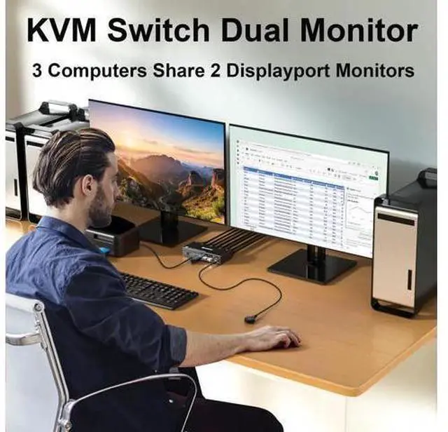 Alt view image 3 of 7 - 3-Port Dual Monitor DP USB 3.0 KVM Switch 4K@144Hz, 4 USB3.0 Ports, Wired Remote & Power Adapter Included for 3 PCs Sharing 2 Monitors
