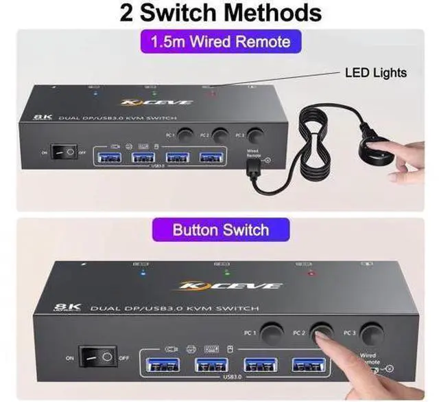 Alt view image 4 of 7 - 3-Port Dual Monitor DP USB 3.0 KVM Switch 4K@144Hz, 4 USB3.0 Ports, Wired Remote & Power Adapter Included for 3 PCs Sharing 2 Monitors
