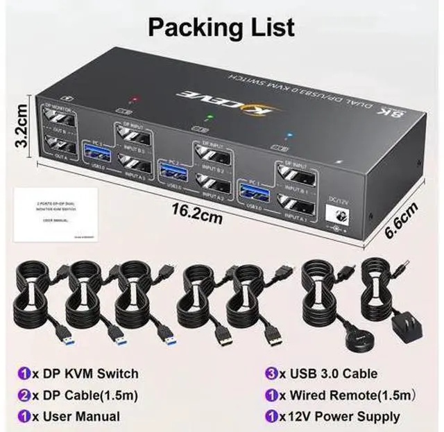 Alt view image 7 of 7 - 3-Port Dual Monitor DP USB 3.0 KVM Switch 4K@144Hz, 4 USB3.0 Ports, Wired Remote & Power Adapter Included for 3 PCs Sharing 2 Monitors