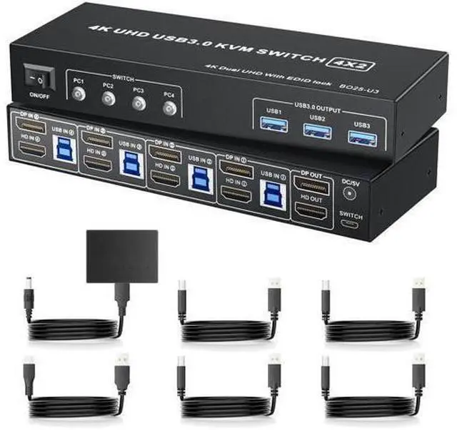 Main image of 4-Port Dual Monitor DisplayPort KVM Switch 4K@60Hz, 4 PCs Share 2 Screens Keyboard Mouse, 3 USB 3.0 Ports, Button Control with 4 USB Cables