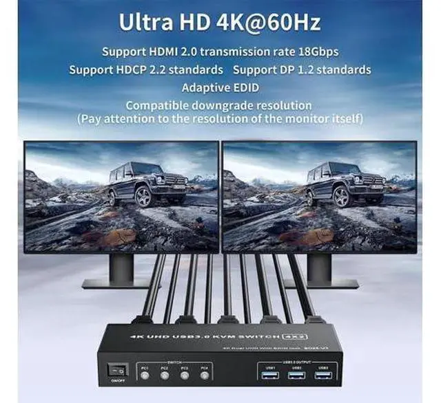 Alt view image 5 of 7 - 4-Port Dual Monitor DisplayPort KVM Switch 4K@60Hz, 4 PCs Share 2 Screens Keyboard Mouse, 3 USB 3.0 Ports, Button Control with 4 USB Cables