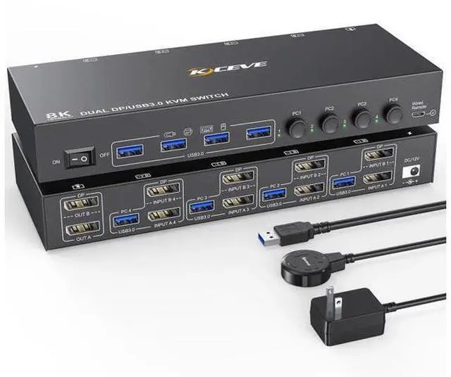 Main image of 4-Port Dual Monitor DP USB 3.0 KVM Switch 4K@60Hz, 4 DP PCs Share 2 DP Monitors, Keyboard & Mouse