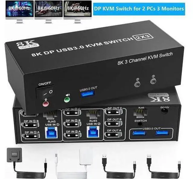 Main image of 2 Port Triple Monitor DP KVM Switch DP1.4, 8K@60Hz 4K@144Hz USB3.0 KVM Switcher with 1-to-2 RJ45 Ethernet Splitter, Audio Mic & 3 USB 3.0 Ports for 2 PCs Share 3 Displays