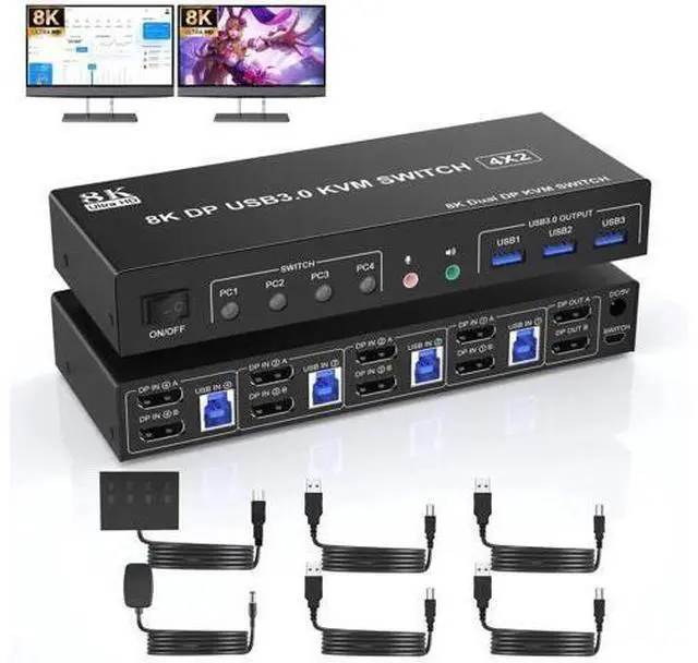 Main image of 4-Port Dual Monitor DP USB3.0 KVM Switch 8K@60Hz, 4 PCs Share 2 Displays, Audio Output & 3 USB3.0 Ports