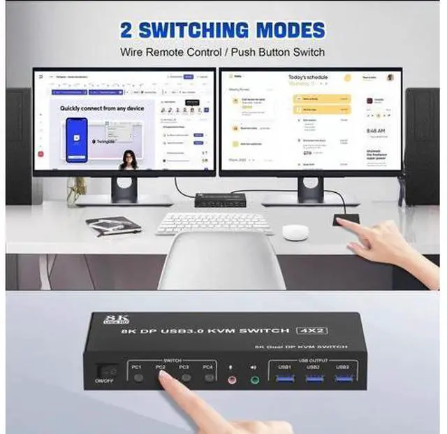 Alt view image 6 of 7 - 4-Port Dual Monitor DP USB3.0 KVM Switch 8K@60Hz, 4 PCs Share 2 Displays, Audio Output & 3 USB3.0 Ports