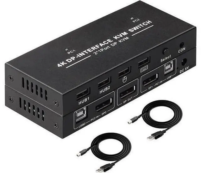Main image of 2-Port 2 In 1 Out DP 1.2 DisplayPort KVM Switch, 4K@60Hz, 2 PCs Share One Monitor, Keyboard & Mouse, Built-in 4 USB 2.0 Ports, Includes 2pcs 1.5m/5ft USB KVM Cables