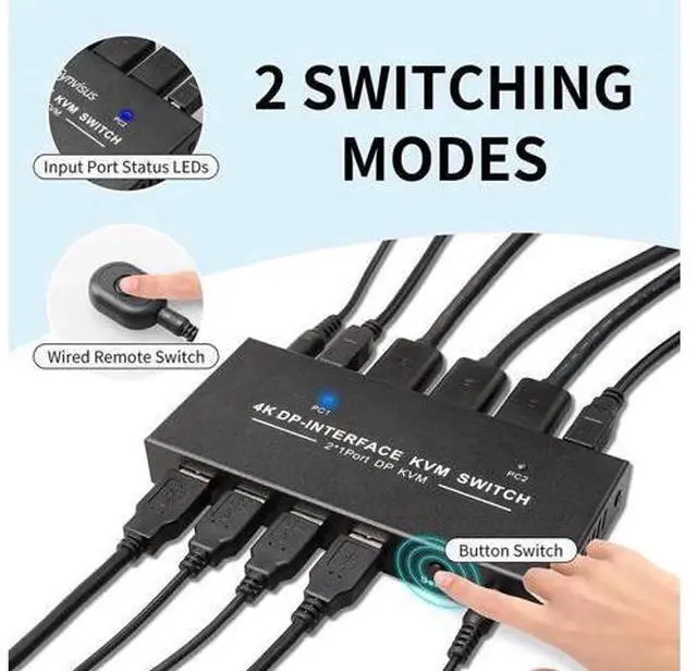 Alt view image 3 of 7 - 2-Port 2 In 1 Out DP 1.2 DisplayPort KVM Switch, 4K@60Hz, 2 PCs Share One Monitor, Keyboard & Mouse, Built-in 4 USB 2.0 Ports, Includes 2pcs 1.5m/5ft USB KVM Cables