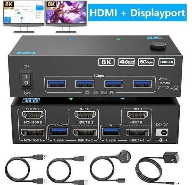 Main image of 2 Port Dual Monitor HDMI & DP KVM Switch, 8K@60Hz 4K@144Hz USB3.0 KVM Switcher with 4 USB 3.0 Ports, Wired Remote, Power Adapter & USB Cables Included for 2 PCs Share Dual Monitors Keyboard Mouse Prin