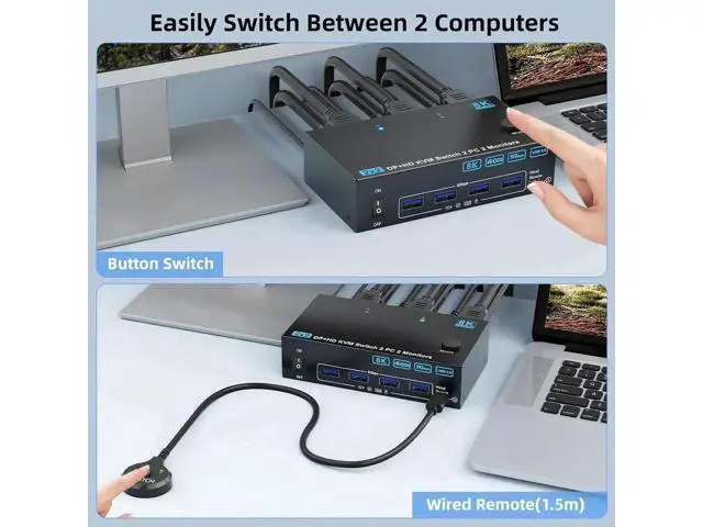 Alt view image 4 of 7 - 2 Port Dual Monitor HDMI & DP KVM Switch, 8K@60Hz 4K@144Hz USB3.0 KVM Switcher with 4 USB 3.0 Ports, Wired Remote, Power Adapter & USB Cables Included for 2 PCs Share Dual Monitors Keyboard Mouse Prin